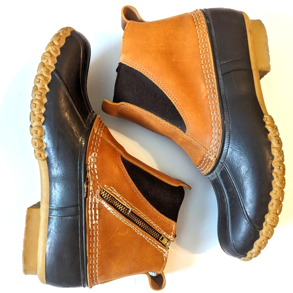 LL Bean Brown Leather Duck Boots Slip On 6.5" **Adapted** Chelsea Ankle Mens 14